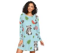 RPLIFE Cute Cartoon Raccoons Blue Nightgowns for Women, Casual Pajama Nightdress, Long Sleeve Night Shirts for Woman, Cute Cartoon Raccoons Blue, 3XL
