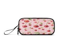 RPLIFE Cute Cherries Pink White Plaids Pastel Pencil Case, Pencil Pouch Large Capacity, Divided Pencil Case