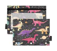 RPLIFE Cute Dinosaurs Space 2 Pack 3 Hole Punch Pouch for Kids School, Clear Front Large Pouch for Boys Girls, 9.8″ × 7″