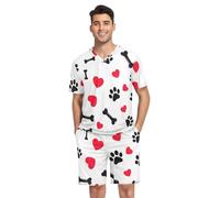 RPLIFE Cute Dog Paw Heart Print White Pajamas for Men Short Sleeve Pajama Set Loungewear with Pockets, Cute Dog Paw Heart Print White, XL