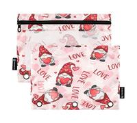 RPLIFE Cute Gnomes Red Hats Hearts Three Hole Punch Pencil Pouch with Clear Window, 2Pack Pencil Pouch Boys 3 Ring Kids School Supplies, 9.8″ × 7″ (One Size x 2)