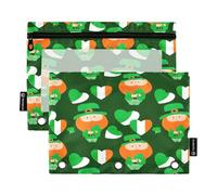 RPLIFE Cute Leprechauns Shamrocks Green 2 Pack 3 Hole Punch Zipper Pouch for Kids School, Big Clear Pencil Pouch for Boys Girls, 9.8″ × 7″