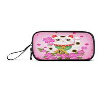 RPLIFE Cute Maneki Neko Pink Pencil and Pen Pouch, Elastic Pencil Pouch, Fabric Pencil Pouch