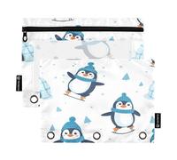 RPLIFE Cute Penguins Blue White 2 Pack Three Hole Punch Zipper Pouch for Kids School, Clear 3 Ring Binder Pouch for Boys Girls, 9.8″ × 7″