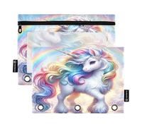 RPLIFE Cute Unicorn and Rainbow 2 Pack Pen Binder Pouch for Kids School, Clear Binder Pencil Pouch for Boys Girls, 9.8″ × 7″
