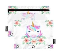RPLIFE Cute Unicorn White 2 Pack 3 Ring Pencil Bag for Kids School, Pencil Bag with Clear Front for Boys Girls, 9.8″ × 7″