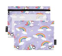 RPLIFE Cute Unicorns Rainbow Colored Manes 2 Pack 3-ring Pencil Pouch for Kids School, Clear Pvc Pencil Pouch for Boys Girls, 9.8″ × 7″