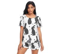 RPLIFE Design with Little Hand Drawn Birds Shorts Pajamas Set for Women, Women Pajamas Summer, Bunny Silhouette Black and White, XL