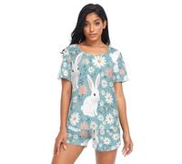 RPLIFE Design with Little Hand Drawn Birds Shorts Pajamas Set for Women, Women Pajamas Summer, Cute White Rabbits and Daisies, S
