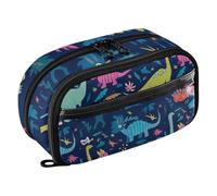 RPLIFE Dinosaurs Tropical Navy Blue Pencil Case for Kids Large Capacity Stationery Organizer,Multi Compartment Stationery Organizer with Clear PVC Pocket