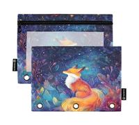 RPLIFE Fox in Starry Night 2 Pack Pencil Binder Pouch for Kids School, Big Clear Pencil Pouch for Boys Girls, 9.8″ × 7″