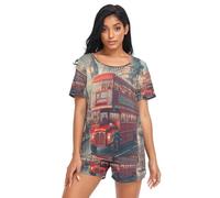 RPLIFE French Stamp Womans Pajama Set, Lightweight Women Pajamas, London Red Bus, S