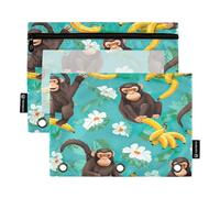RPLIFE Funny Monkey Bananas Turquoise 3 Ring Pencil Bag with Clear Window, 2Pack Kids Pencil Pouch Kids School Supplies, 9.8″ × 7″ (One Size x 2)