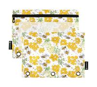 RPLIFE Honeycombs Bees Bright 2 Pack 3 Hole Punch Pencil Holder for Kids School, Clear Zipper Pouch for Boys Girls, 9.8″ × 7″