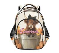 RPLIFE Kids Backpack for Girls Boys with Personalized Name, Autumn Highland Cow Pumpkin Kids Backpack Boys Elementary School, Autumn Highland Cow Pumpkin, 15 inches, Traditional Backpacks