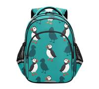 RPLIFE Kids Backpack for School Ages 8-14, Cartoon Puffins Teal Elementary School Backpack for Boys, 17 Inch