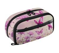 RPLIFE Large Capacity Pencil Case, Butterfly Pink Wildflower Stationery Organizer with Clear PVC Pocket, Cute Pencil Bag for Kids