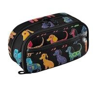 RPLIFE Large Capacity Pencil Case for Students Colored Dachshunds on Black Pencil Pouch,Double Zipper Stationery Organizer with Clear PVC Pocket