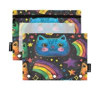 RPLIFE Lgbt Pride Month Cute Cats Stars Pen Pencil Pouch with Clear Window, 2Pack Three Ring Pencil Pouch Girls Kids School Supplies, 9.8″ × 7″ (One Size x 2)