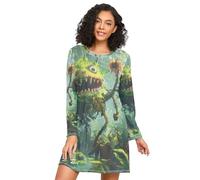 RPLIFE Long Sleeve Womens Night Shirt, Cozy Crewneck Sleep Dress, Comfortable Womens Nightgowns, Jungle Monsters Adventure, Jungle Monsters Adventure, S
