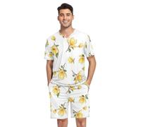 RPLIFE Men's Pajama Sets, Short Sleeve Loose Breathable Pajamas with Pockets, S-XXL, Painted Yellow Magnolia Flowers, M