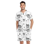 RPLIFE Mens Pajama Sets Short Sleeve Pajama Set Loungewear Sets Pj Sleep Sets, S-XXL, Funny Skulls Hearts Black White, XXL