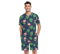 RPLIFE Mens Pajama Sets Short Sleeve Summer Sleepwear Loungewear Sets Pj Sleep Sets, S-XXL, Green Leaves Pink Flamingos, XL