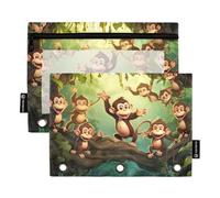 RPLIFE Monkeys in Jungle 3 Hole Large Zipper Pouch with Clear Window, 2Pack Binder Pencil Pouch Girls Kids School Supplies, 9.8″ × 7″ (One Size x 2)