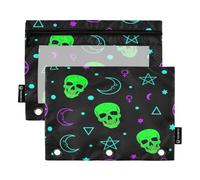 RPLIFE Neon Green Skulls 3 Ring Pencil Bag with Clear Window, 2Pack Crayon Pouch Kids Kids School Supplies, 9.8″ × 7″ (One Size x 2)