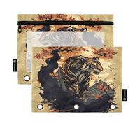 RPLIFE Oriental Style Animal 3 Hole Binder Pencil Pouch with Clear Window, 2Pack Binder Pencil Pouch Girls Kids School Supplies, 9.8″ × 7″ (One Size x 2)