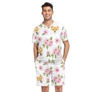 RPLIFE Pajama Set for Men, Short Sleeve Soft Comfortable Pajamas with Pockets, S-XXL, Cheerful Dog Pink Cherry Blossom, M