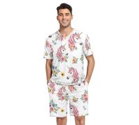 RPLIFE Pajama Set for Men, Short Sleeve V Neck 2 Pcs Sleepwear with Pockets, S-XXL, Unicorn Heads Colorful Flowers, XXL