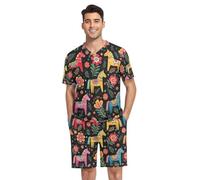 RPLIFE Pajamas for Men Short Sleeve Pajama Set Loungewear with Pockets, S-XXL, Colorful Folk Art Horses, XXL
