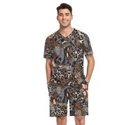 RPLIFE Pajamas Set for Men, Short Sleeve Comfortable Soft Pajamas with Pockets, S-XXL, Animal Print Leopard Spots, L
