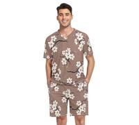 RPLIFE Pajamas Set for Men, Short Sleeve V Neck Nightwear 2 Pcs Pj Set, S-XXL, Cherry Blossom Flowers Brown, XL