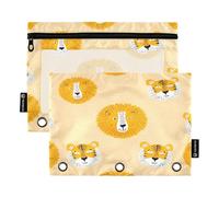 RPLIFE Pencil Pouch for 3 Ring Binder, 2 Pack 3 Ring Cloth Pencil Pouch, Back to School Essentials, 9.8 In × 7″ In (One Size x 2), Cute Lion Tiger Faces Yellow