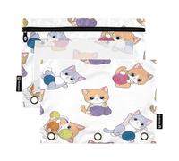 RPLIFE Pencil Pouch for 3 Ring Binder, 2 Pack Clear View Fabric Zipper Pouch, Back to School Essentials, 9.8 In × 7″ In (One Size x 2), Cute Kittens Yarn Balls White