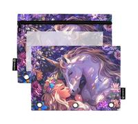 RPLIFE Pencil Pouch for 3 Ring Binder, 2 Pack Clear View Fabric Zipper Pouch, Back to School Essentials, 9.8 In × 7″ In (One Size x 2), Fantasy Unicorn Princess Purple