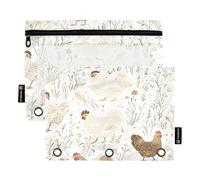RPLIFE Pencil Pouch for 3 Ring Binder, 2 Pack Large Cloth Zippered Pencil Pouch, Back to School Essentials, 9.8 In × 7″ In (One Size x 2), Chickens Roosters