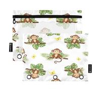 RPLIFE Pencil Pouch for 3 Ring Binder, 2 Pack, Soft Binder Pouches for 3 Ring Binders, Back to School Supplies, 9.8″ × 7″, Cute Cartoon Monkeys Tropical Leaves