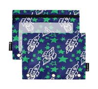 RPLIFE Pencil Pouch for 3 Ring Binder, 2 Pack, Soft Pencil Pouch Flat, Back to School Essentials, 9.8″ × 7″, White Doodle Spaceships Green Stars Dark Blue