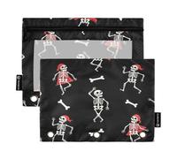 RPLIFE Pencil Pouch for 3 Ring Binder, 2 Pack, Soft Zipper Flat Pencil Case, Back to School Essentials, 9.8″ × 7″, Playful Dancing Skeletons Bones Black