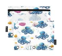 RPLIFE Pencil Pouch for 3 Ring Binder, 2 Pack Thin Zippered Cloth Pencil Pouch, Back to School Essentials, 9.8 In × 7″ In (One Size x 2), Blue Octopuses Yellow Fish