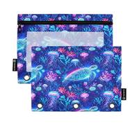 RPLIFE Pencil Pouch for 3 Ring Binder, 2 Pack Zippered Cloth Pencil Pouches, Back to School Essentials, 9.8 In × 7″ In (One Size x 2), Sea Turtle Colored Jellyfish