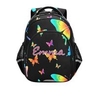 RPLIFE Personalized Butterflies Neon Rainbow Black Kids Backpack for School, Kids Elementary School Backpack, Butterflies Neon Rainbow Black, 15 inches, Traditional Backpacks