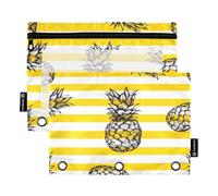 RPLIFE Pineapples Stripe 2 Pack 3 Ring Zipper Pencil Pouch for Kids School, See through Zipper Pencil Pouch for Boys Girls, 9.8″ × 7″