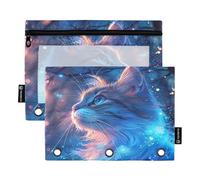 RPLIFE Rainy Day Cat Blue 2Pack Three Ring Binder Pencil Pouch for Kids School, Clear Front Pencil Zipper Pouch for Boys Girls, 9.8 In × 7″ In (One Size x 2)