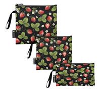 RPLIFE Red Strawberries Green Leaves Reusable Snack Bags and Sandwich Bag, Zipper Eco-Friendly Lunch Pouch Washable for School Picnic Work Travel (3 Pack)