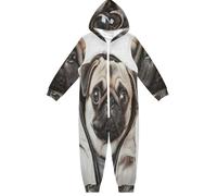 RPLIFE Santa Claus Faces Onesie Kids 4-14, Jumpsuits for Kids, Kids Hooded Onesie Zipper Onesie, Pug Dog 2, 12-13 Years