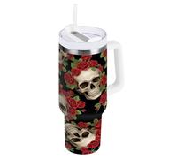 RPLIFE Skulls Vibrant Red Roses 40 Oz Tumbler with Handle, Stainless Steel Water Bottle with Straw, Tumblers for Women